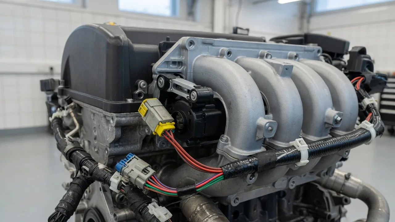Engine intake manifold with an intake runner actuator, position sensor connector, and nearby wiring