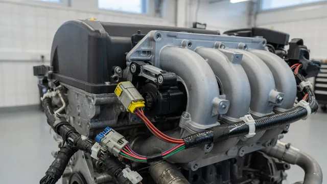 Engine intake manifold with an intake runner actuator, position sensor connector, and nearby wiring
