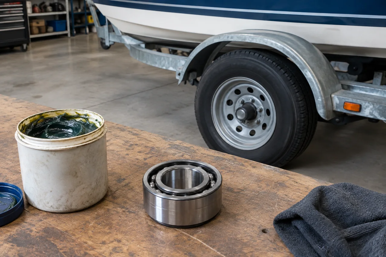 Unbranded wheel bearing grease container beside a clean bearing and a boat trailer wheel
