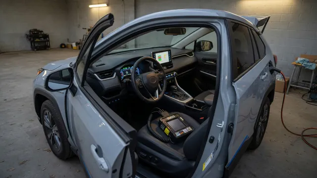 Hybrid vehicle parked with dashboard warning lights and a diagnostic scanner showing stored engine codes