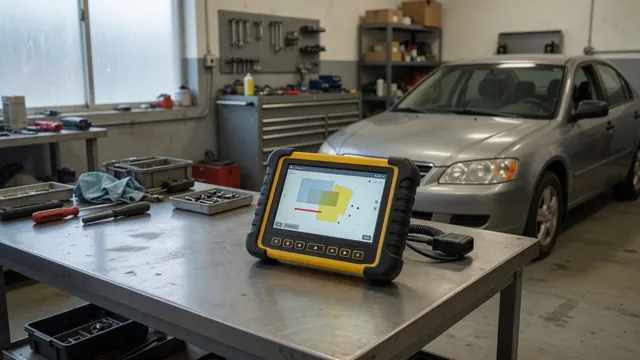 Diagnostic scan tool displaying P1518 beside a parked vehicle with its engine off