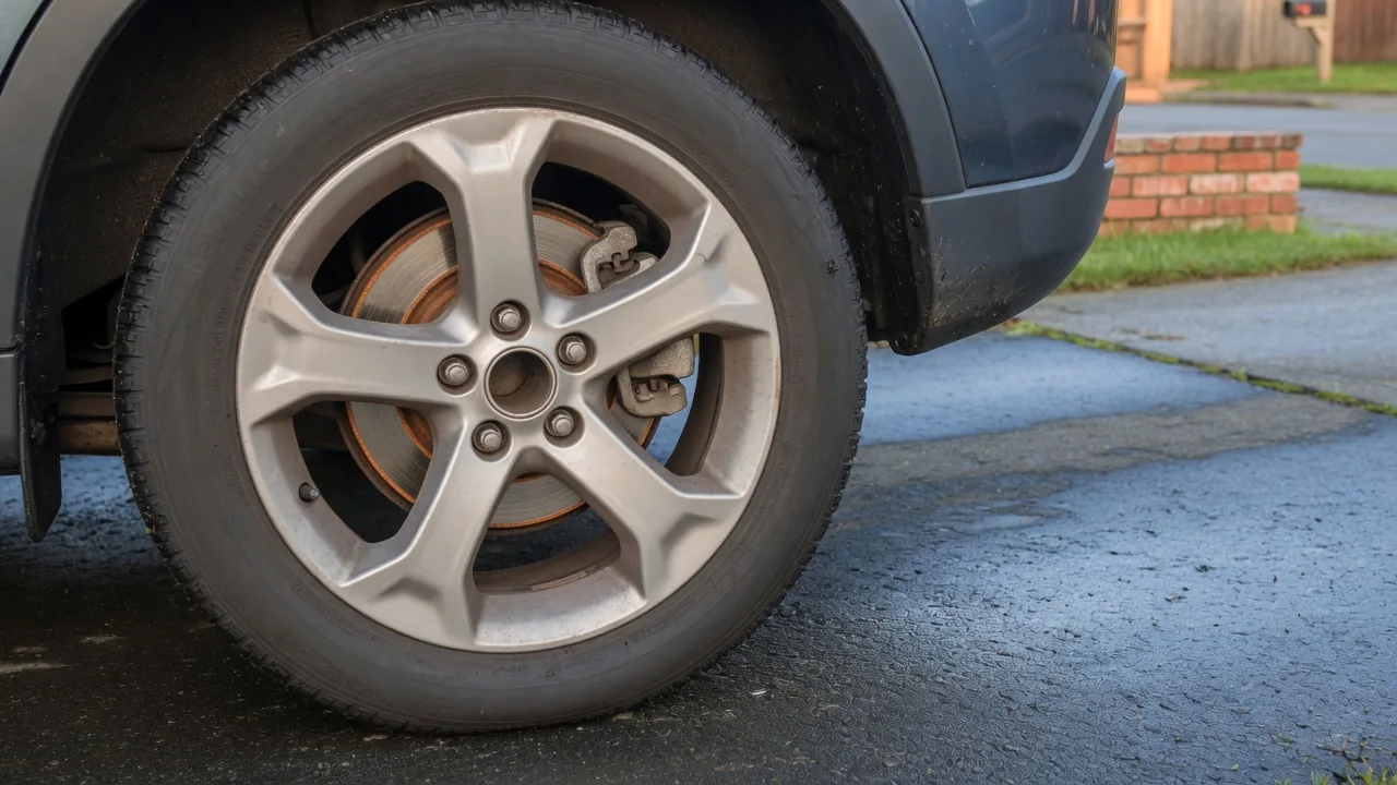 Rear wheel and brake rotor of a compact SUV reversing out of a driveway on damp pavement