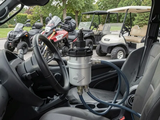 Small inline fuel filter with a flow arrow beside a motorcycle, ATV, and gas golf cart