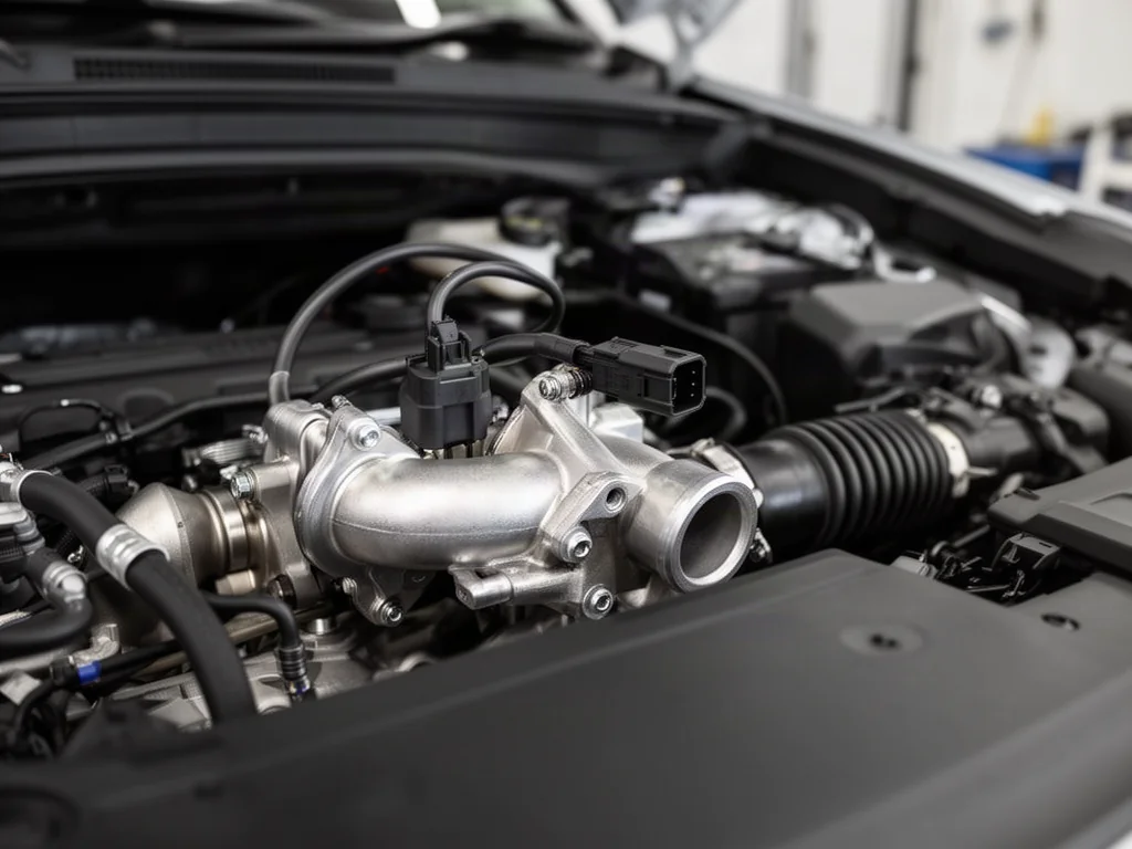 Close-up of an EGR valve and its electrical connector in a compact SUV engine bay