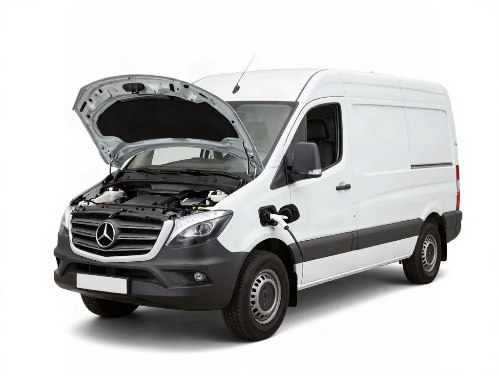 Technician reviewing service information beside a Mercedes-Benz Sprinter with its hood open