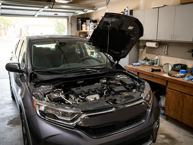 Honda CR-V engine bay with a flashlight and inspection mirror ready for a PCV valve inspection