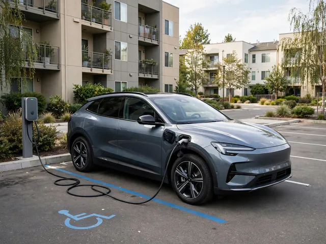 Electric car connected to a shared charging station in an apartment building parking area