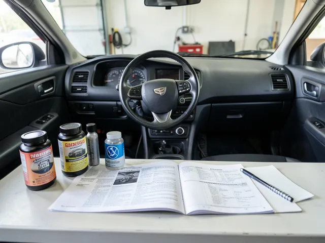 Unbranded transmission fluid containers beside a Nissan owner's manual and vehicle identification notes