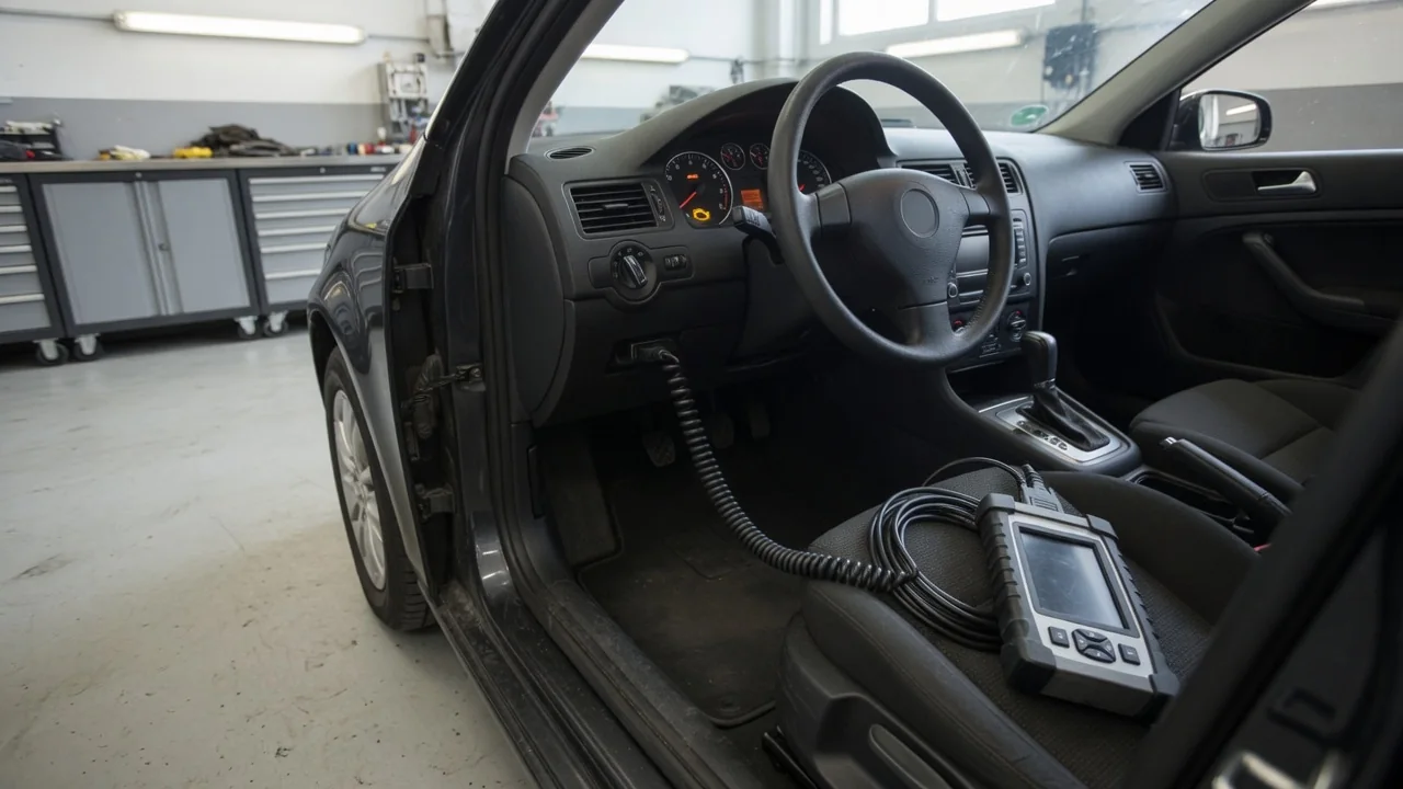 Diagnostic scanner connected beneath a vehicle dashboard with a check engine light illuminated
