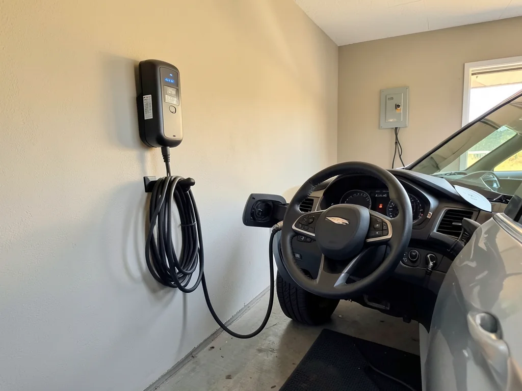 Wall-mounted home EV charger in a residential garage next to a parked electric car with its charge port open