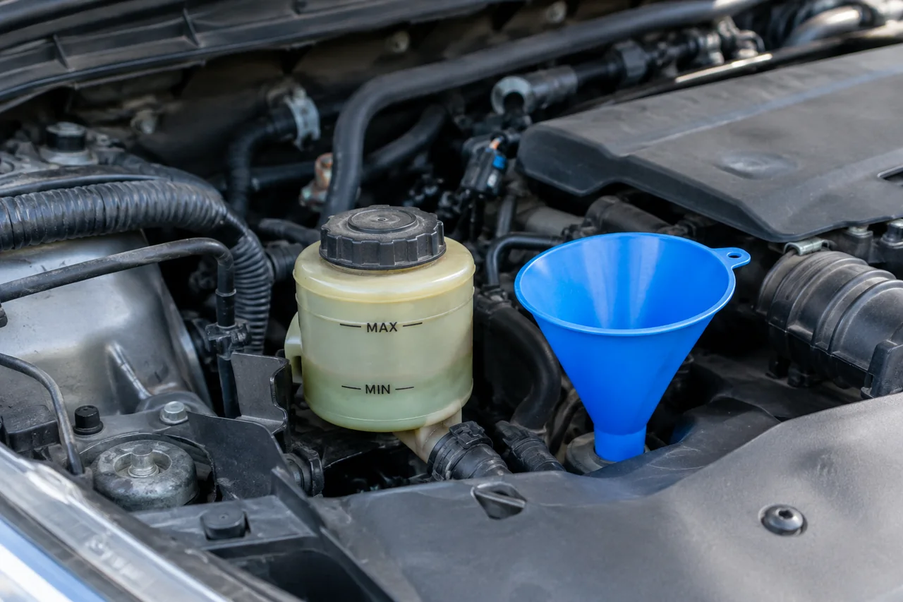 Power steering reservoir with labeled fluid level marks and a clean funnel nearby