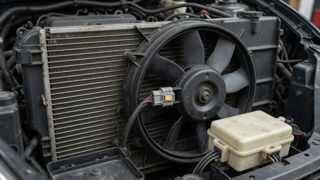 Cooling fan assembly, wiring connector, and relay box in an engine compartment with the engine off