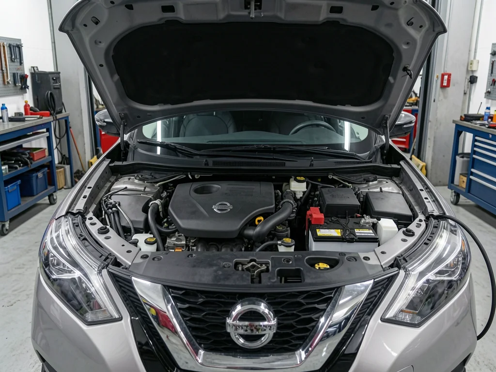 Nissan engine bay with the hood open for an emissions system inspection