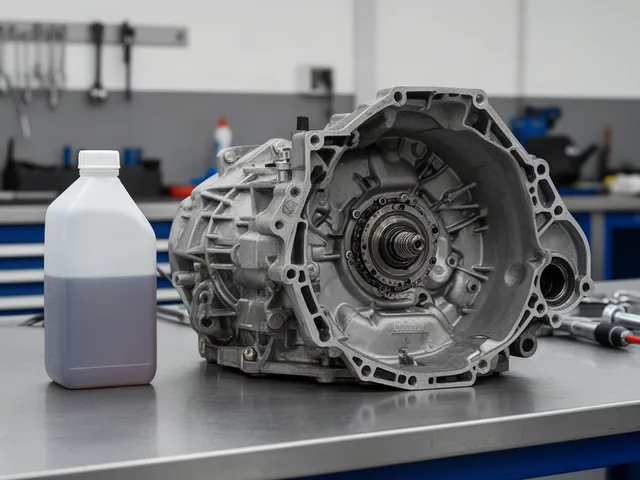 Dual-clutch transmission housing beside an unlabeled fluid bottle in an automotive service bay