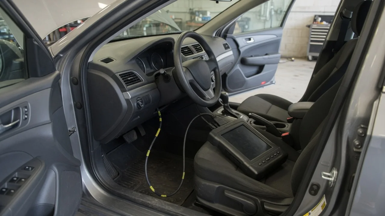 Diagnostic scanner connected inside a parked vehicle during a check of the P1051 trouble code