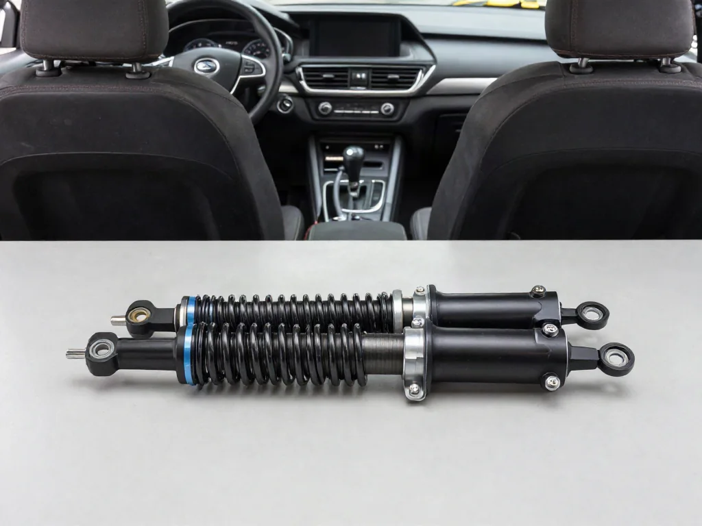 Shock absorbers and a complete strut assembly displayed on a clean automotive workbench