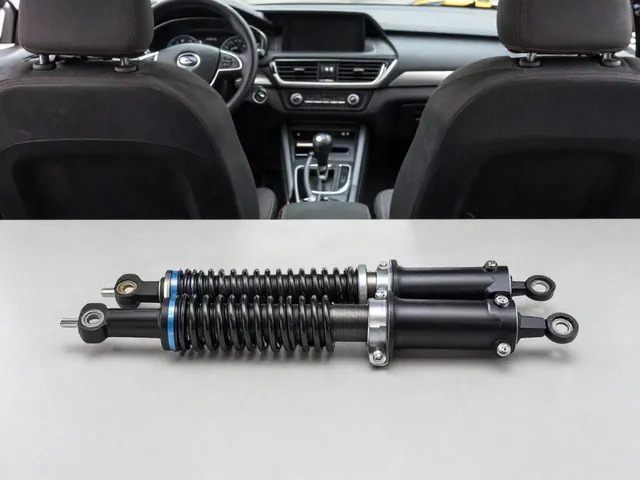 Shock absorbers and a complete strut assembly displayed on a clean automotive workbench