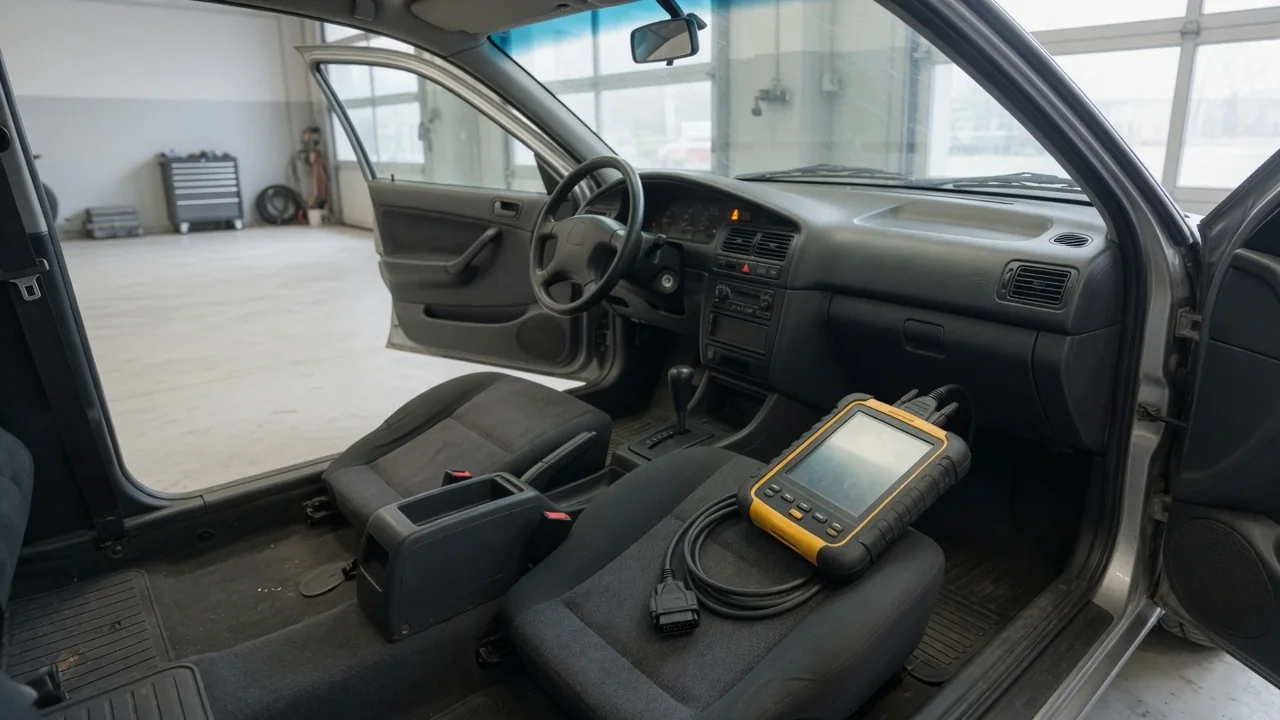 Diagnostic scanner beside a vehicle dashboard with an illuminated warning indicator
