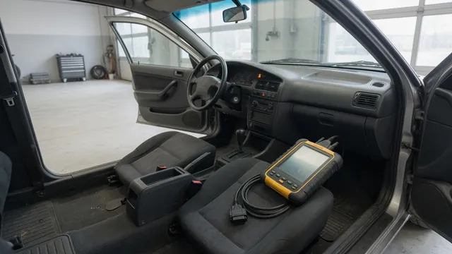 Diagnostic scanner beside a vehicle dashboard with an illuminated warning indicator