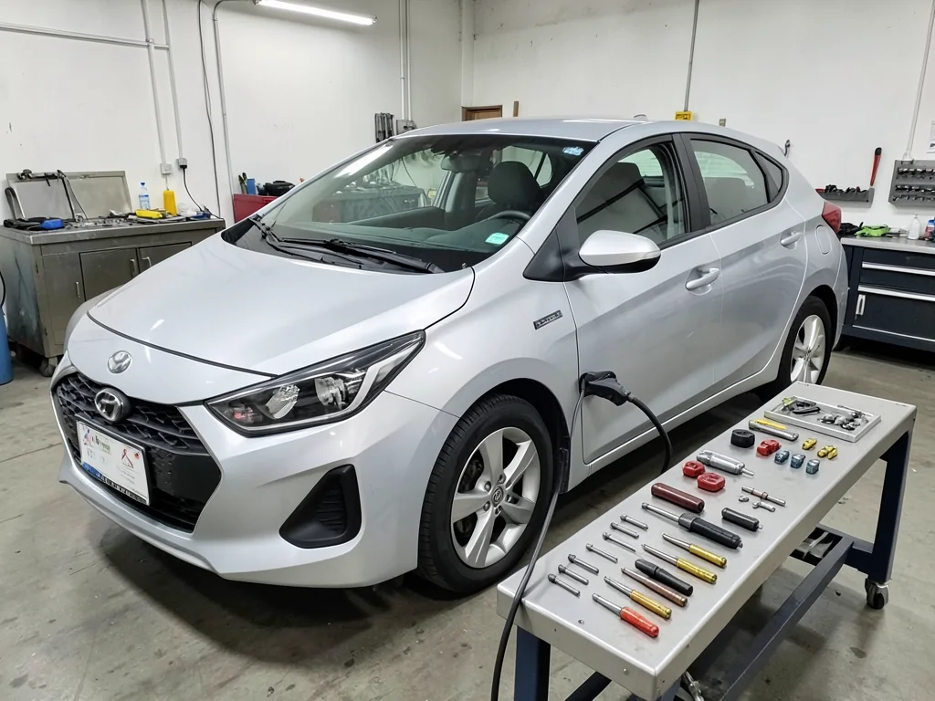 Spark plugs and ignition coils arranged on a clean workbench beside a Hyundai Elantra