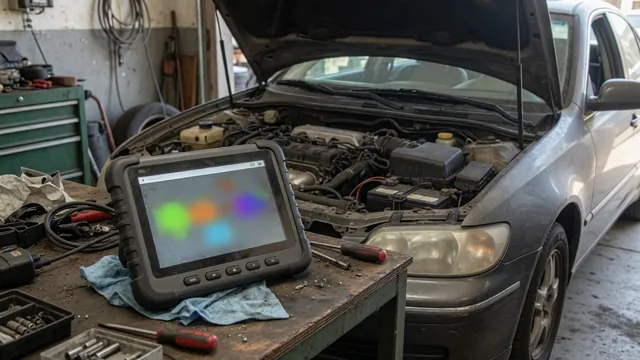Diagnostic scan tool beside a vehicle with P1777 displayed on the screen