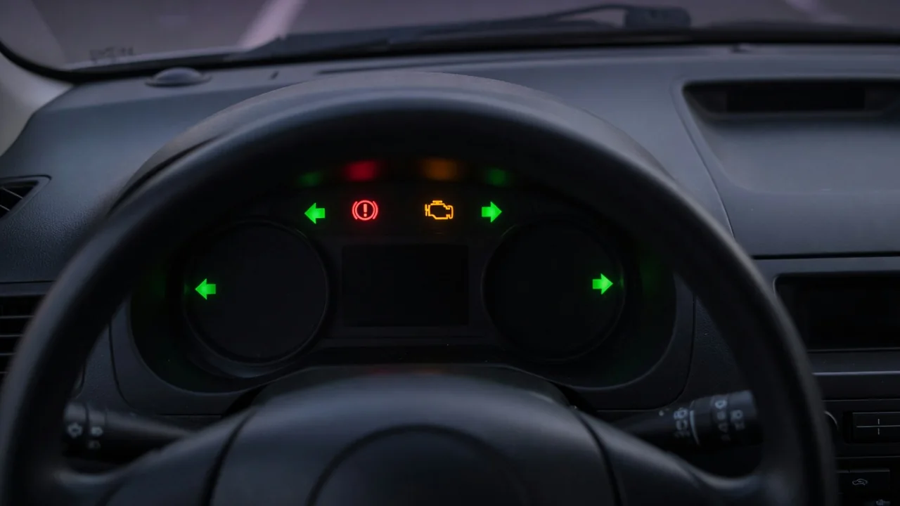 Illustrated dashboard with red, amber, and green indicators for brakes, engine status, and turn signals.
