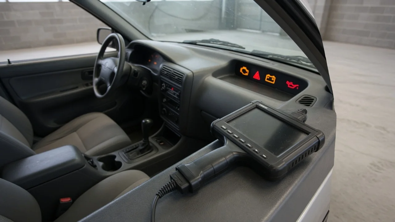 Diagnostic scanner beside a vehicle dashboard displaying communication faults and warning lights