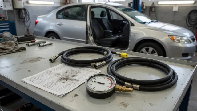 Fuel pressure diagnostic gauge and inspection checklist on a clean automotive workshop bench