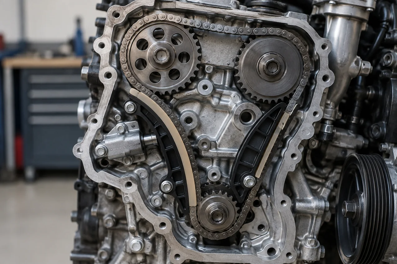 Cutaway illustration showing a timing chain tensioner pressing against a chain guide inside an engine.