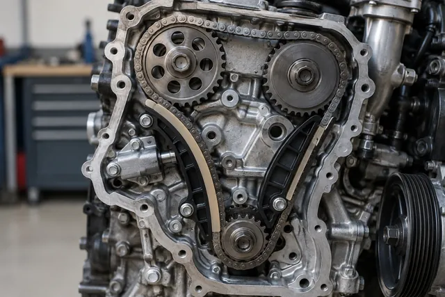 Cutaway illustration showing a timing chain tensioner pressing against a chain guide inside an engine.