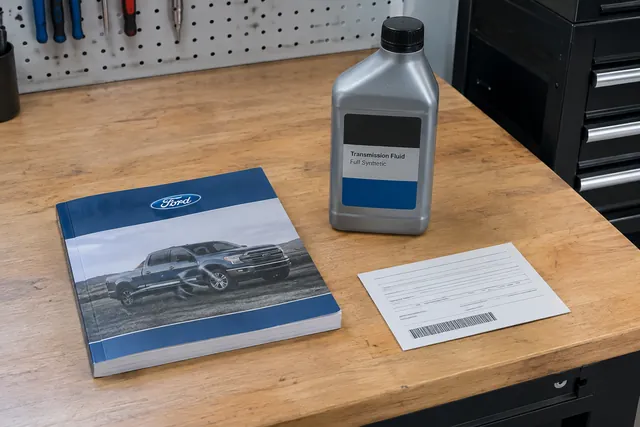 Ford owner's manual beside a transmission fluid bottle with its specification label visible