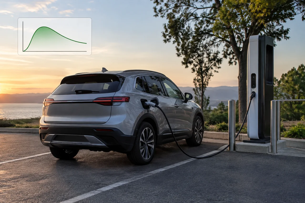 Electric vehicle connected to a DC fast charging station with a charging curve illustration