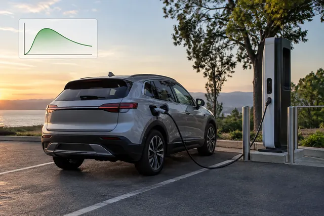 Electric vehicle connected to a DC fast charging station with a charging curve illustration