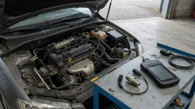 Chevrolet engine bay with an oil pressure sensor shown separately beside a diagnostic scan tool