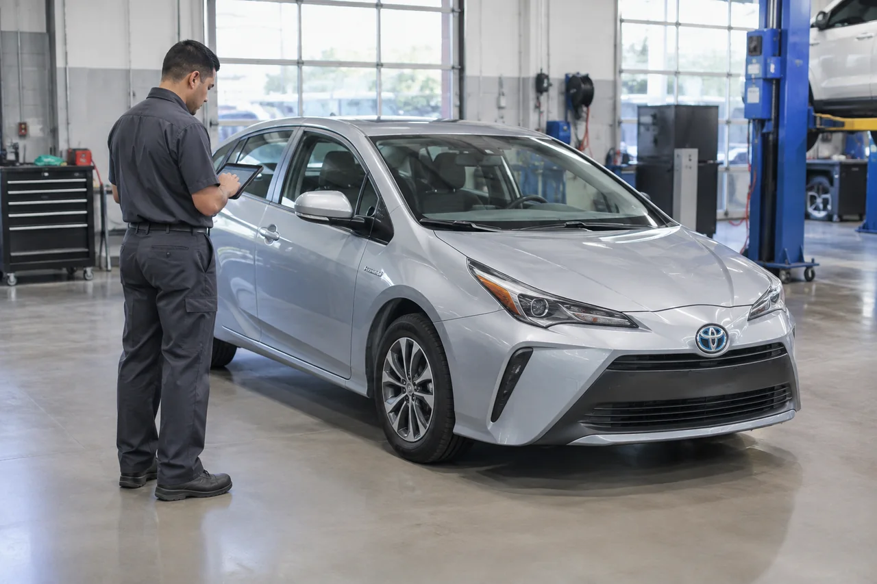 Toyota hybrid vehicle in a service bay with a technician reviewing a battery service estimate