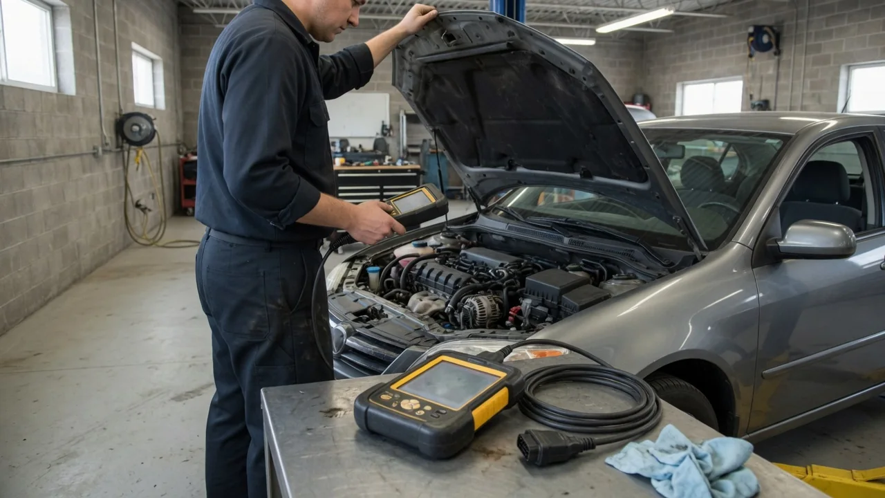 Diagnostic scan tool beside an engine bay during an upstream oxygen sensor inspection