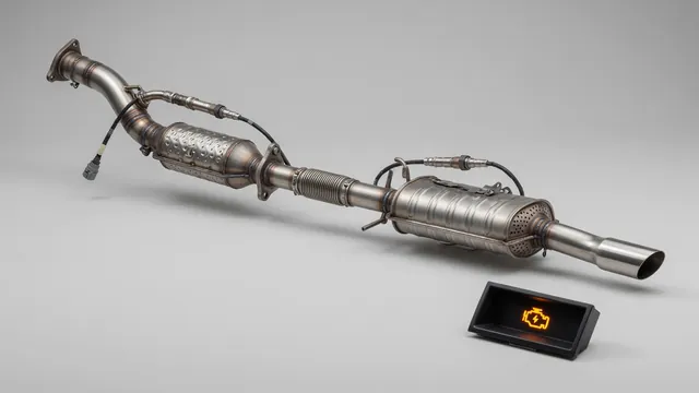Labeled exhaust diagram showing oxygen sensors before and after a catalytic converter