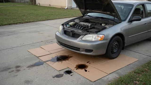 Fresh oil spots on cardboard beneath the engine area of a parked car after an oil change