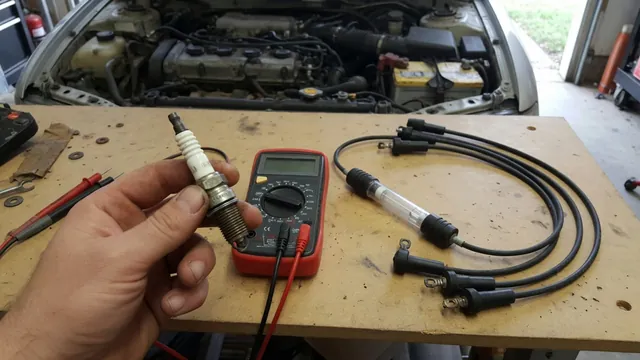 Hand testing a spark plug with a multimeter beside an inline spark tester and labeled ignition wires on a garage workbench