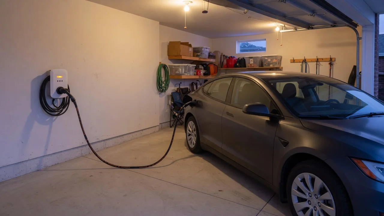 Electric car plugged into a home wall charger in a garage, with an amber status light showing a possible charging problem