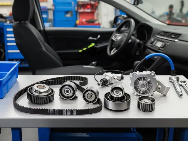 Timing belt, tensioner, pulleys and water pump arranged on a clean automotive workbench