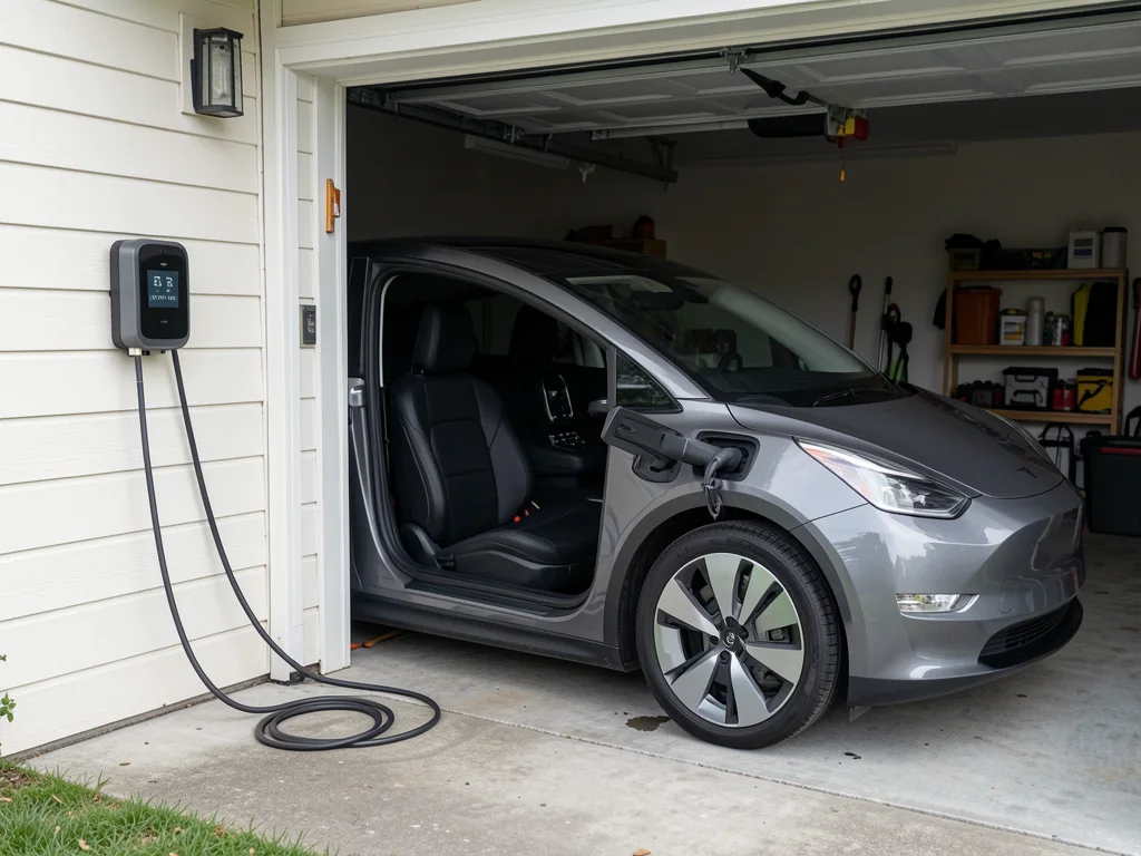 EV charging cable routed neatly from a garage wall charger to a car parked in the driveway