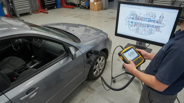 Technician reviewing transmission diagnostic data on a scan tool beside a parked vehicle