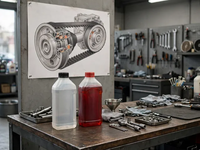 CVT transmission fluid bottle next to conventional ATF on a workbench with a CVT pulley cutaway behind
