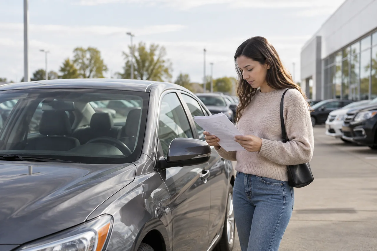 Used car buyer reviewing coverage paperwork beside a parked vehicle at a dealership