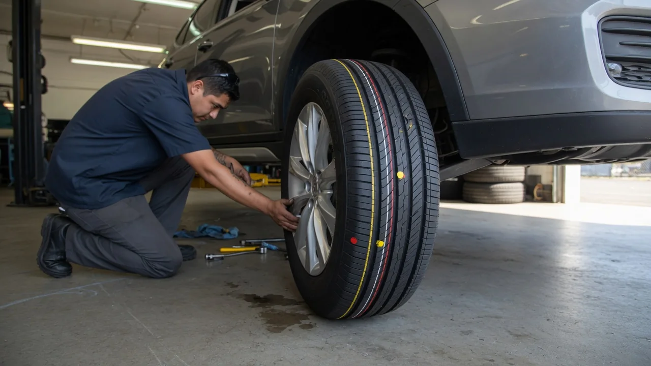 Automotive scene illustrating Why Do Tires Have Colored Dots and Stripes