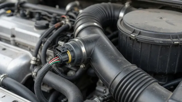 Illustration of a mass air flow sensor mounted in an engine intake duct beside an air filter housing.