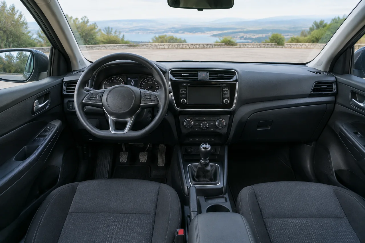 SUV cabin with a manual gearshift and three pedals visible beside the driver's seat