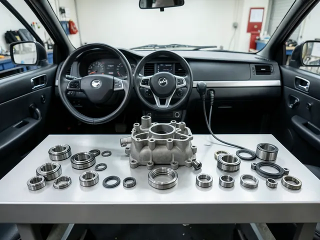 Turbocharger housing and organized internal components on a clean inspection bench
