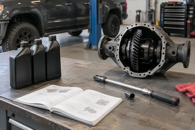 Unbranded differential fluid bottles beside an owner’s manual and a differential housing